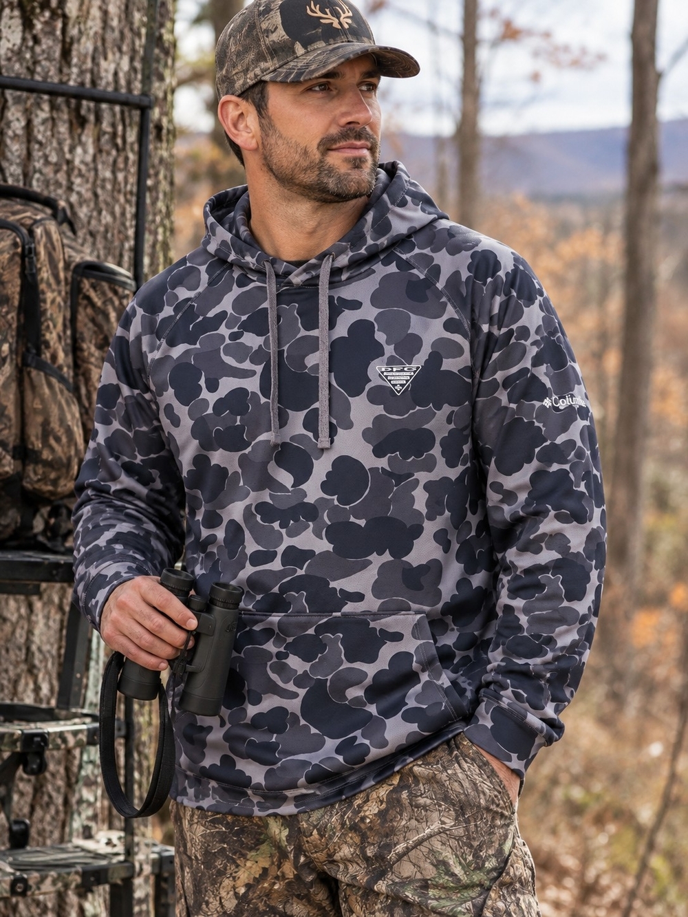 Columbia Men’s PFG Wild Cast Camp Hoodie - Grey Duck Camo Pullover Size M